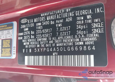 2020 Kia Sorento 3.3L Lx z USA, uszkodzony, nr VIN 5XYPG4A50LG669864